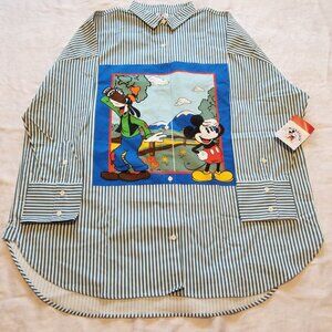 Mickey & Co Button Up Long Sleeve Shirt Striped w/ Mickey & Goofy - Size L NWT